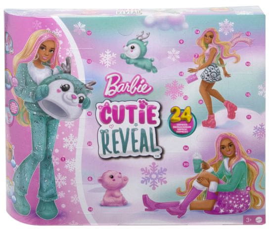 Mattel Barbie Cutie Reveal adventní kalendář s panenkou 2024, 24 překvapení HJX76