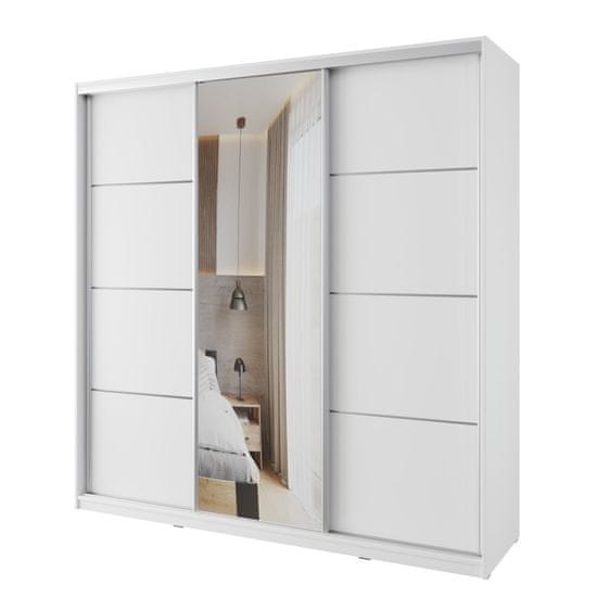 Nejlevnější nábytek Šatní skříň NEJBY BARNABA 200 cm s posuvnými dveřmi, zrcadlem, 4 šuplíky a 2 šatními tyčemi, bílá