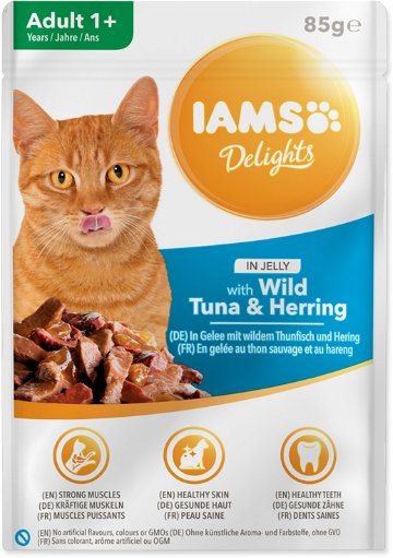 IAMS Delights pro dospělé kočky - s tuňákem a sleděm v želé 85 g