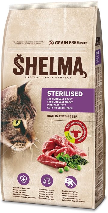 Shelma bezobilné granule s čerstvým hovězím pro sterilizované kočky 8 kg SLEVA