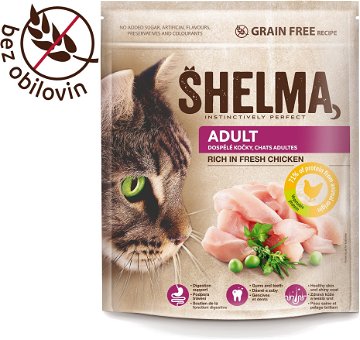 Shelma bezobilné granule s čerstvým kuřecím pro dospělé kočky 750 g