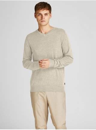 Béžový pánský žíhaný basic svetr Jack & Jones Emil SLEVA