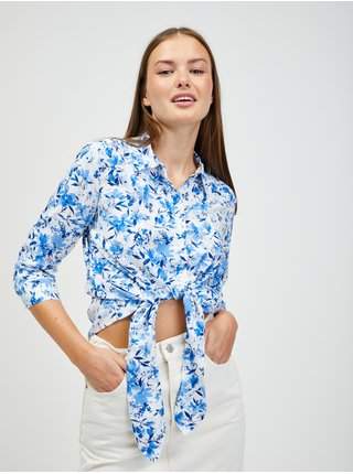 Bílo-modrá dámská květovaná košile s uzlem ORSAY SLEVA