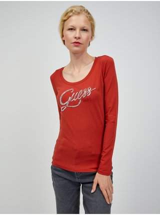 Cihlové dámské tričko s dlouhým rukávem Guess Bryanna LEVNĚ