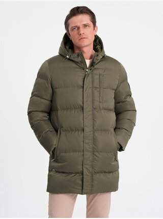 Khaki pánský zimní prošívaný kabát Ombre Clothing