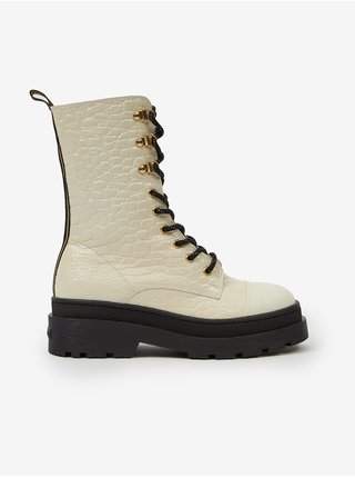 Krémové dámské kožené boty Scotch & Soda Aubri Mid Boot Off Wht Croco kotníčková obuv