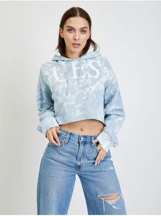 Světle modrá dámská batikovaná crop mikina s kapucí Guess Tie Dye