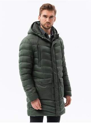 Zelený pánský prošívaný zimní kabát Ombre Clothing SLEVA