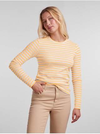 Žluté dámské pruhované basic tričko s dlouhým rukávem Pieces Ruka