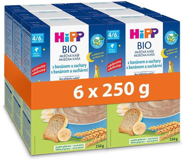 HiPP BIO mliečna kaša na dobrú noc s banánom a suchármi od ukonč. 4. – 6. mesiaca, 6× 250 g